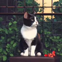 the black and white cat is sitting on the table