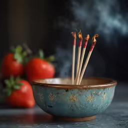 incense sticks sticking out from a bowl in the process of steaming