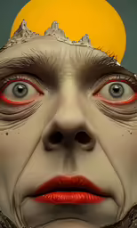 an elf with big eyes and oranges with the moon