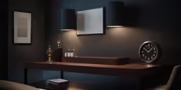 an elegant clock on a wooden desk in a dark room