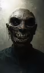 a creepy man with long hair, with teeth and big makeup