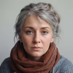 the lady is looking at the camera while wearing a scarf