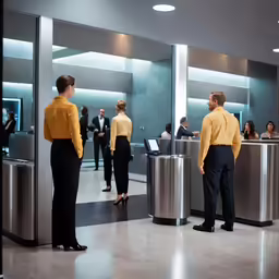 people standing in line at a busy bank