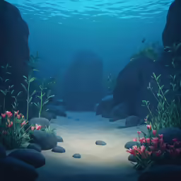 a sandy beach with some flowers and rocks underwater