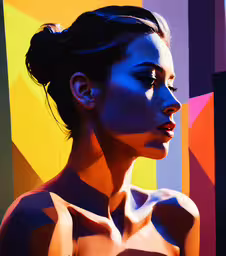 the woman is standing against an abstract background,a woman in a blue top has black hair and is posing