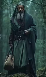 an old man wearing a hooded green outfit holding a bag