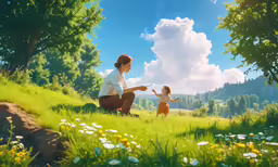 an animated character is showing a small child how to fly in the distance
