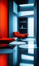 the modern room has a red couch and ottoman