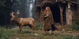 a woman is looking at a moose in the woods