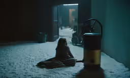 the woman is sitting on the floor next to the snow