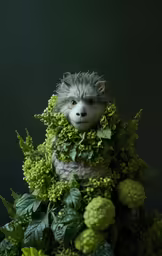 a stuffed animal wearing a bunch of plants