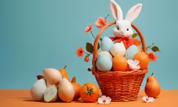 an bunny is next to an orange with eggs in the basket