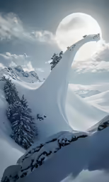 snow covered mountains, moon, and sky with trees on the ground