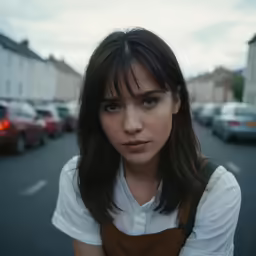 a girl in a white shirt on the street