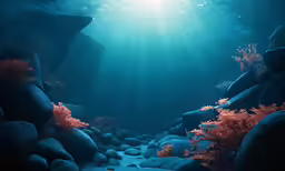 an underwater scene shows rocks, seaweed and sunlight