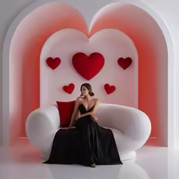 woman in a black dress sitting on a love couch