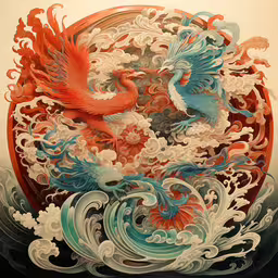 a painting with a dragon and bird on it,a painting on paper with an asian style