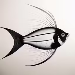 a fish with black fins and white tail and white background