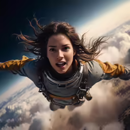 a young woman flying through the sky while holding her arms out