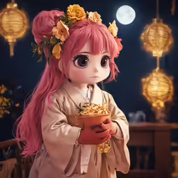 a doll with long hair wearing a pink wig