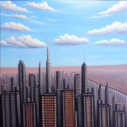a painting of a city skyline surrounded by hills and trees,a painting with skyscrapers in the middle of a field and buildings across from it,the painting of city buildings with sky in background,a painting of a city with tall buildings on the side,a city made up of buildings that have brown squares on them