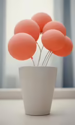 a small white cup with orange balloons in it
