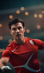 a man with his hand out, wearing a tennis outfit