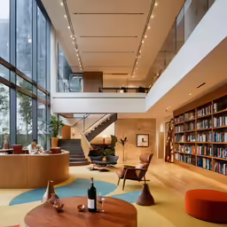 there is a room with two sofas and tables