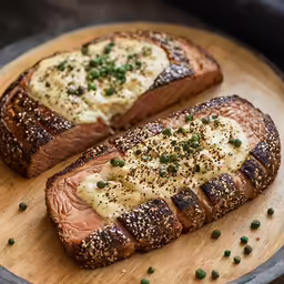 a pair of grilled steaks sit on a wood cutting board