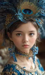 a woman in a blue and gold dress with a peacock feather headdress on