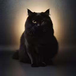a black cat sitting in front of a light on a grey background