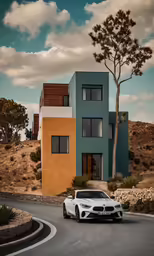 a very colorful house and a bmw car