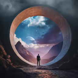 a man standing inside of a large stone tunnel