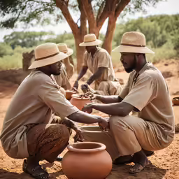 some men are sitting next to a pot outside