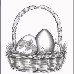 some decorative items are laying in a basket,an easter basket with eggs on the side