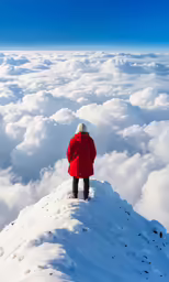 a person wearing a red coat on top of a snow covered mountain