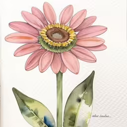 a drawing of a flower with leaves and petals,there is a watercolor drawing of a flower