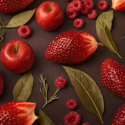 fruit, strawberries, cherries, and leaves are arranged on a brown background