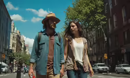 two people walking down the street on a sunny day