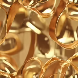 many golden objects are lined up next to each other