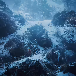 a lone person standing on top of a snow covered slope