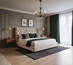 a white bed sitting next to a window with curtains