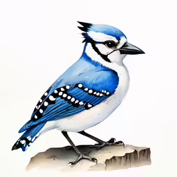a blue and white bird sits on top of a branch