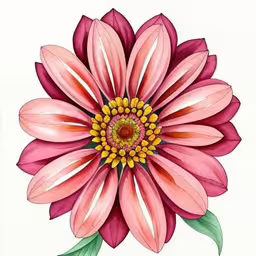 the drawing depicts a pink flower with green leaves,a close up of a flower on a white background,pink flower on white paper with green leaves,a watercolor drawing of a flower with green leaves,watercolor drawing of pink and yellow flower