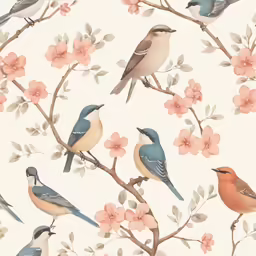 small birds sit on branches with pink flowers