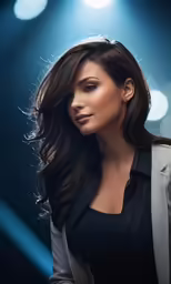 a beautiful woman wearing a jacket with lights in the background