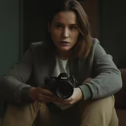 a woman sits down holding a camera with her right hand