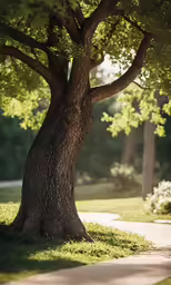a tree on the grass next to a path