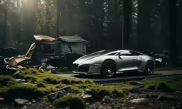 a white car driving past a wooden shack in a forest