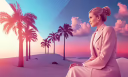 woman in a pink suit sitting next to palm trees